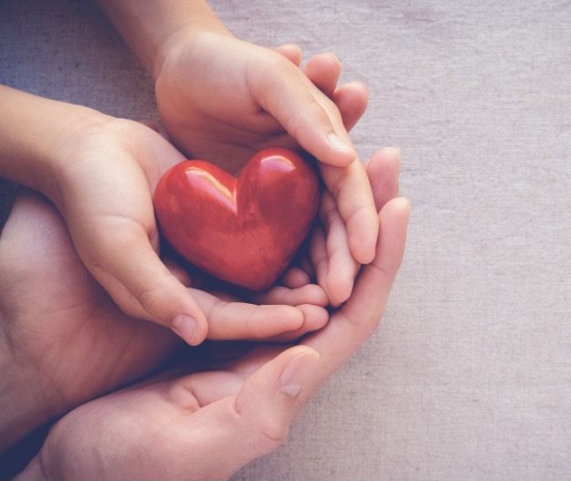 Two hands cradling a small red heart