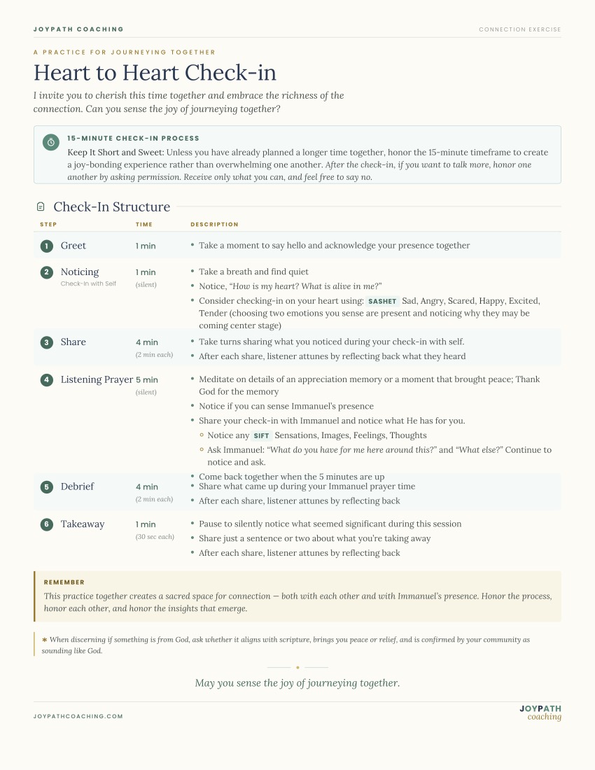 Heart to Heart Check-in instruction sheet from JoyPath showing the 15-minute check-in structure with six steps: Greet, Noticing, Share, Listening Prayer, Debrief, and Takeaway